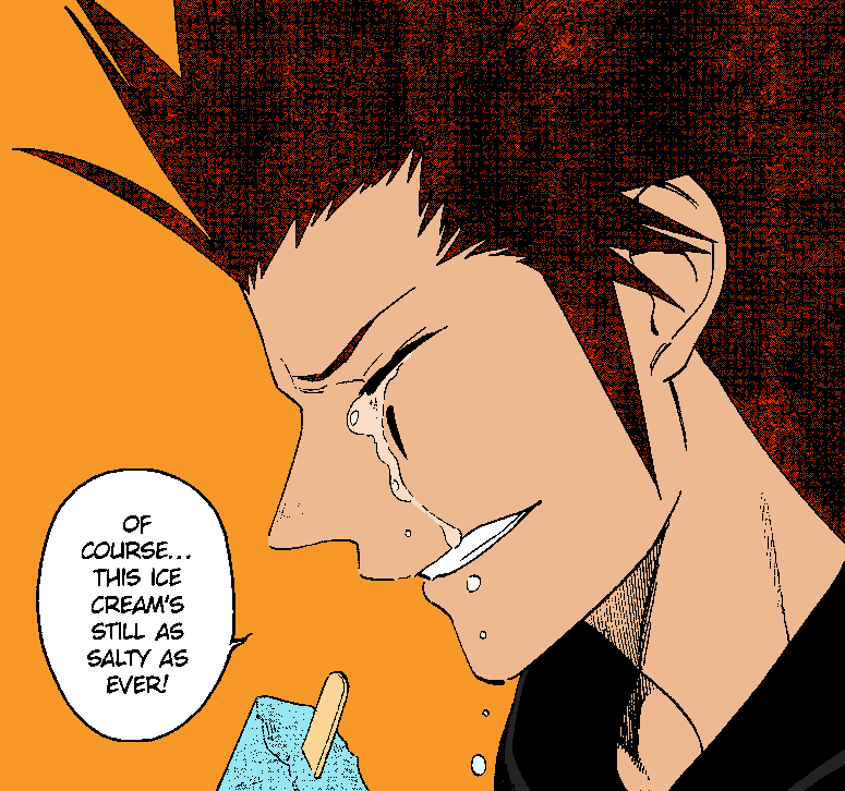 Axel, tears streaming down his face, holding a half-eaten sea-salt ice cream, stating: 'Of course... This ice cream's still as salty as ever!' as Roxas is fading away.